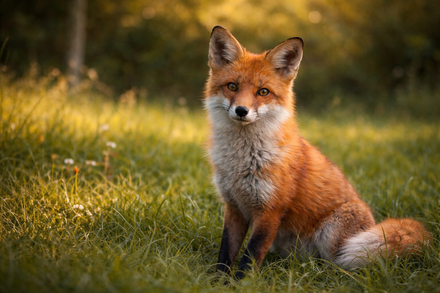 A red fox standing in a green field